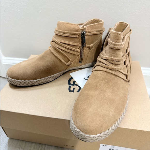 UGG Women's Chestnut Suede Ankle Boots with Braided Espadrille Trim - Picture 4 of 7